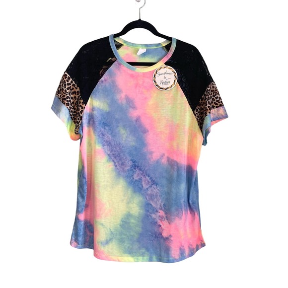 SUNSHINE & RODEO Shirt Womens 3XL Plus Tie Dye Cheetah Floral Lace Pink Blue NWT - Picture 1 of 7